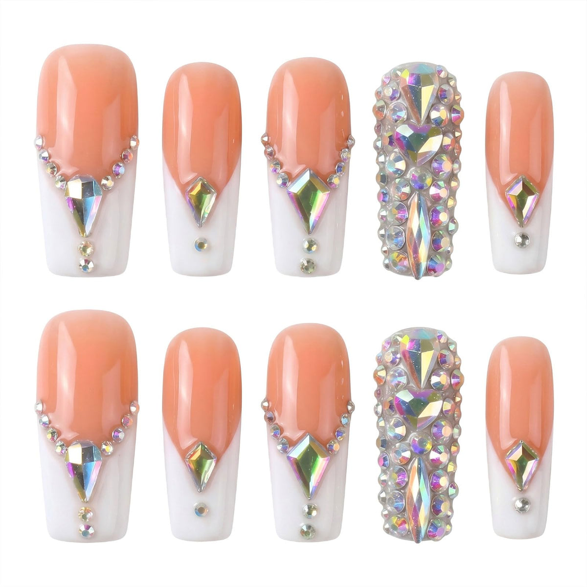 Handmade Press on Nails XL Long Square - Extra Long Orange French Acrylic Fake Nails with 3D Sculpted & Luxury Crystal Gems, Luxury Baddie Reusable False Nails 10 Pack (Size M)