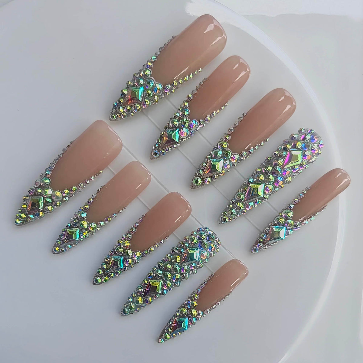 Handmade Press on Acrylic Nails, Almond Long Press Ons with Purple & Nude 3D Swirl Design, Rhinestone & Polka Dot Accents, Stiletto Glue on False Nails Y2K M Size -Gleamrain Design 801
