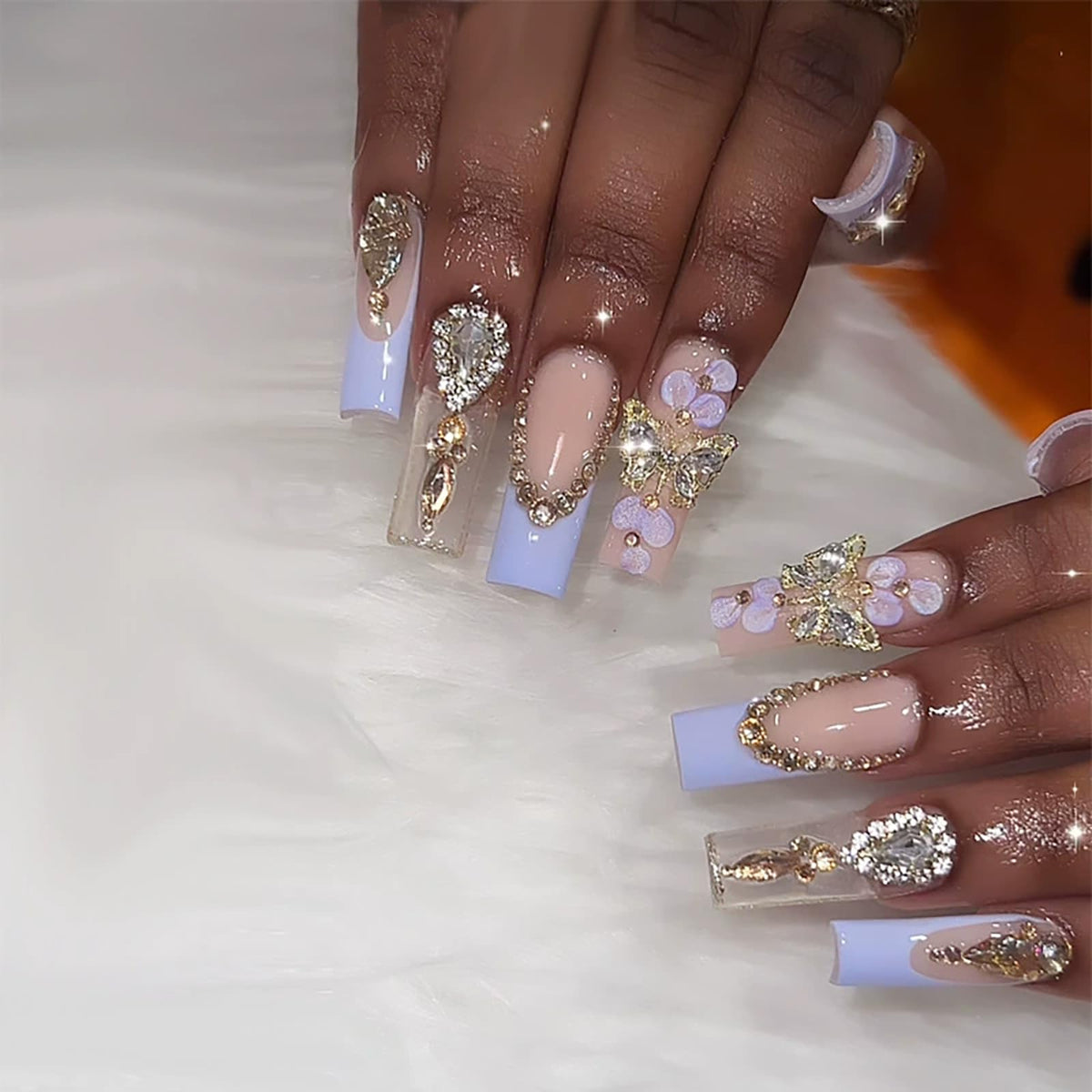 24Pcs Long Square Nude Pink White Nails Press ons Pearl Gold Flower Fake Nails Elegant False Nails Bridal Nails Glue on Luxurious Stick on Nails Casual Work for Girl Women Wedding Formal Occasions