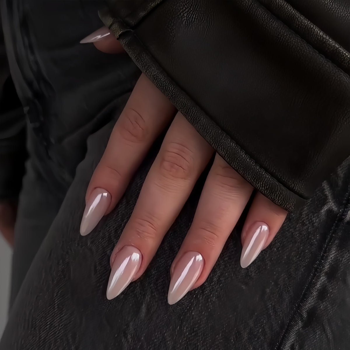 White French Tip Press On Nails Almond - KQueenest Chrome Press On Nails Medium, Glazed Natural Light Nude Fake Nails Press on, Reusable Glue on Nails Stick On Nail for Women Bridal Wedding