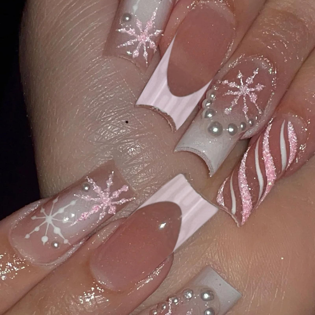 Medium Press on Nails Square White French Tip False Nails with Glitter Design Cute Fake Nails Light Pink Full Cover Nails Press ons Glossy Glue on Nails for Girls and Women 24Pcs