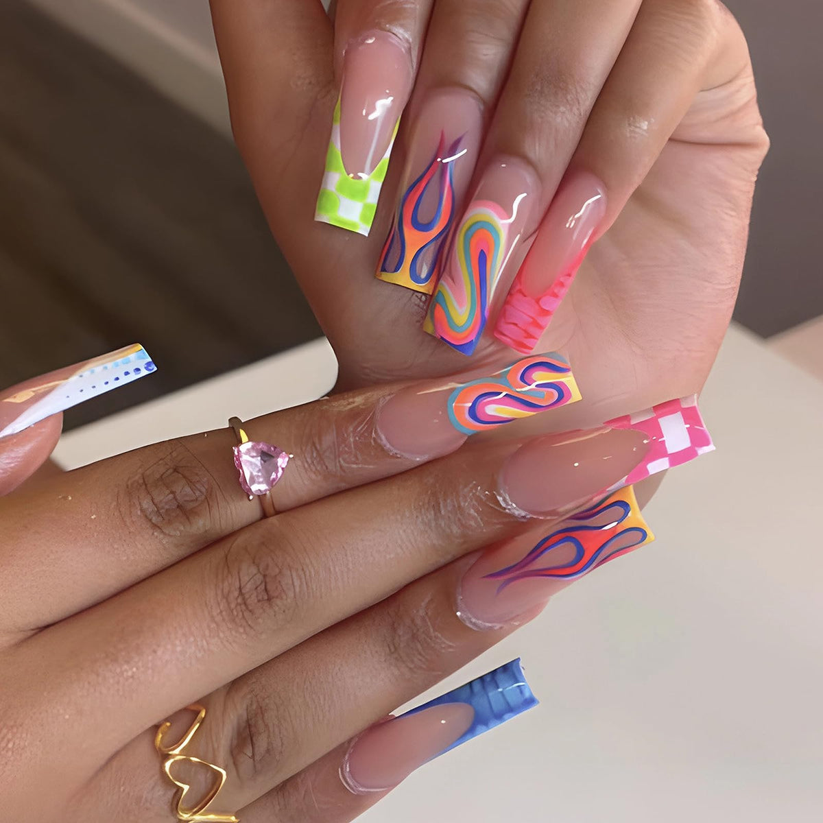 MISUD Press on Nails - Extra Long Square Glue on Nails with French Tip, Acrylic Dollar Money Rhinestone Design 24 pcs