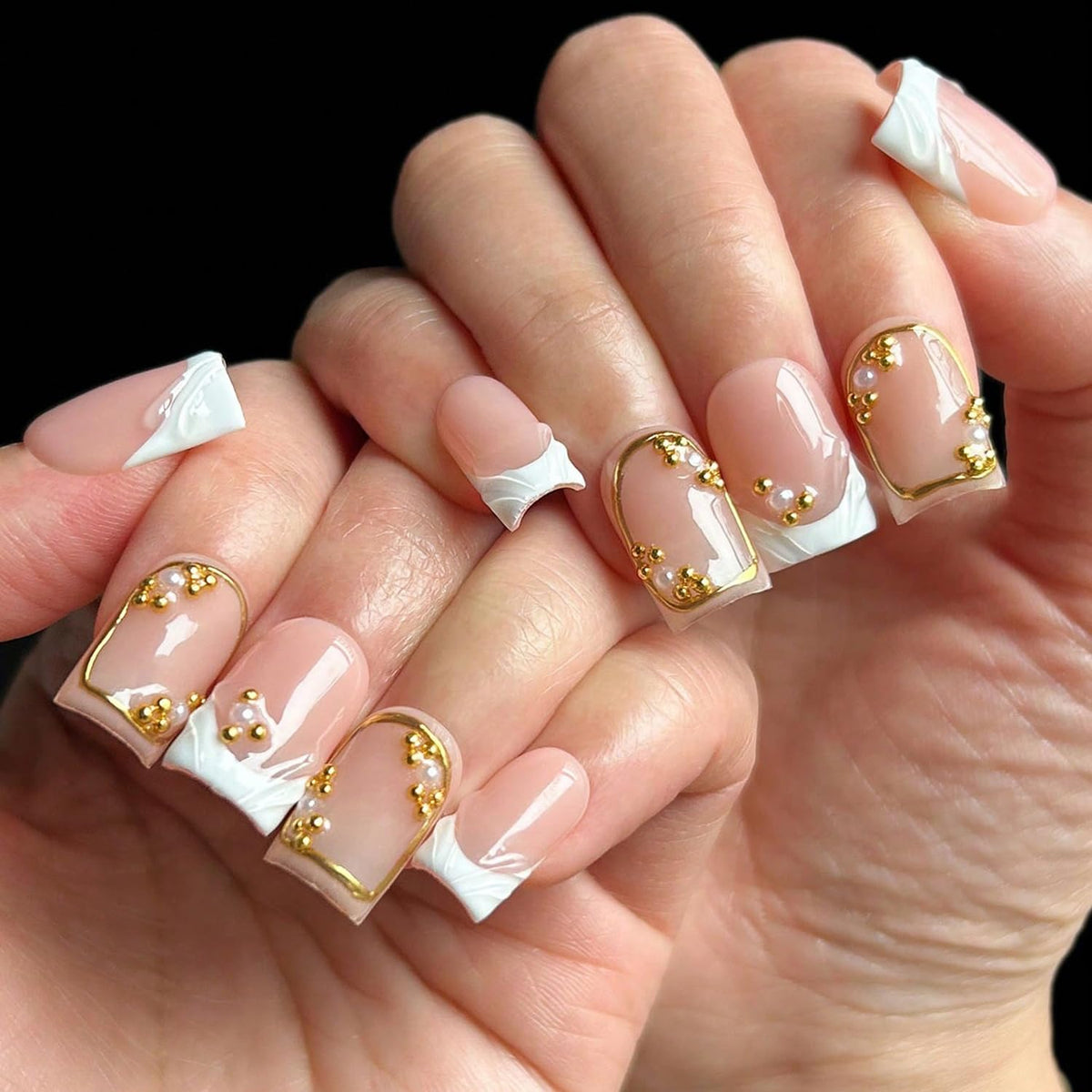 Handmade Press On Nails Short Square Nude 10PCS French Tip Fake Nails with 3D Gold Pearl Charms, Hand Painted Luxury Reusable Stick On Nails for Wedding Bridal Prom(M)