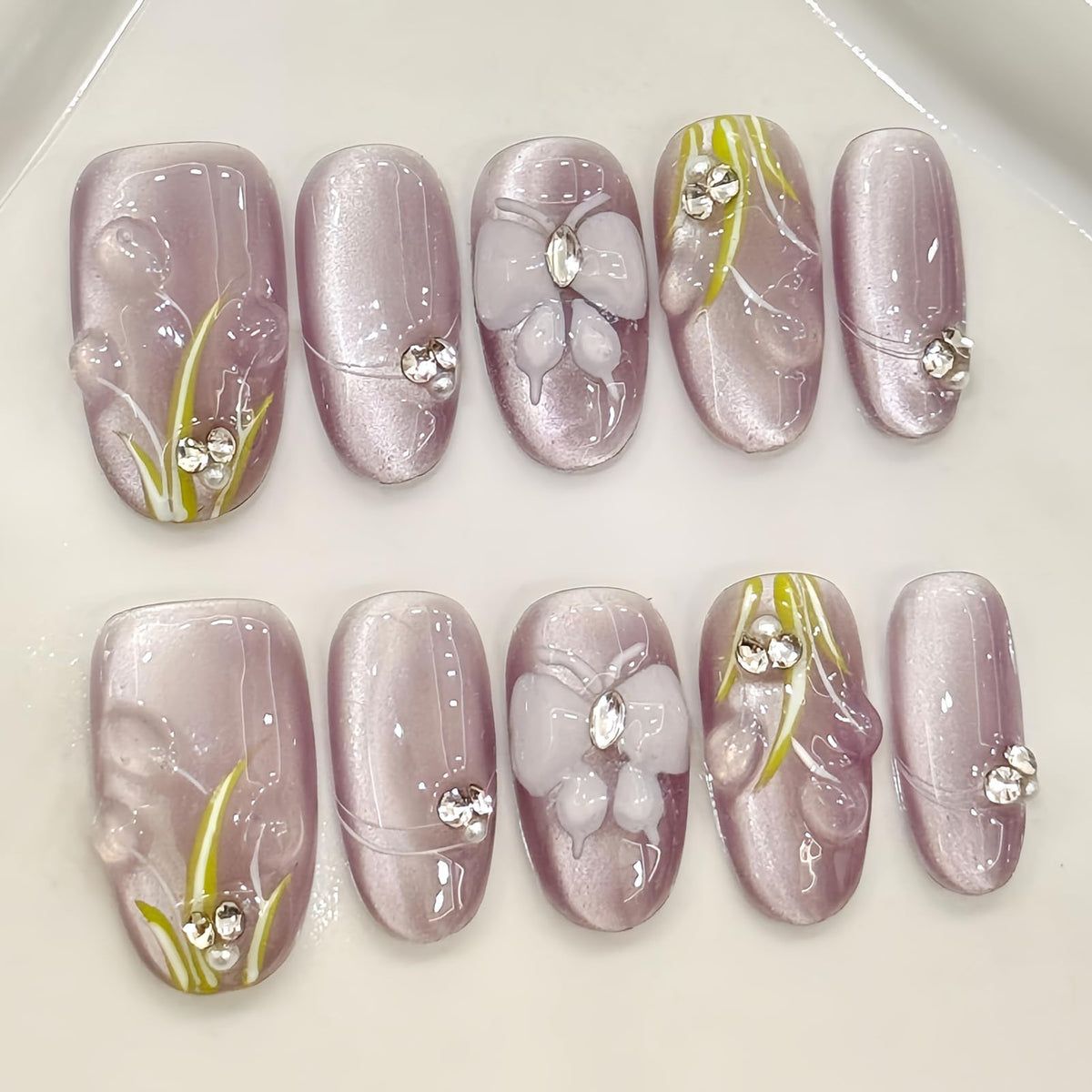Nude Jelly Press on Nails Long Coffin, Handmade Luxury Rhinestone False Nails with Crystal & Pearl, Glossy Nude Ballerina Fake Nails Reusable Stick On Nails Set for Women 10Pcs