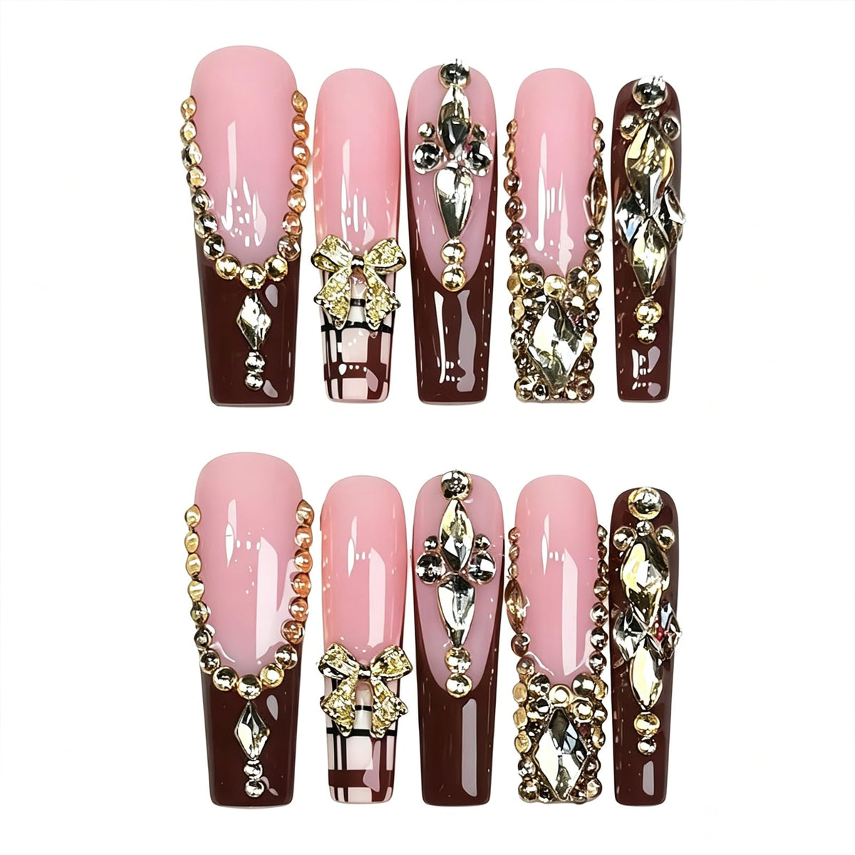 Long Square Handmade Press on Nails - White French Tip Acrylic Fake Nails with Crystals Gems, Elegant Bridal Reusable False Nails for Wedding Manicure 10 Pack (Size M)