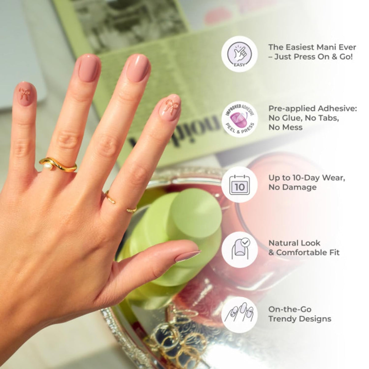 Kiss Impress No Glue Mani Press On Nails, Design, 'Chic French', White, Short Size, Squoval Shape, Includes 30 Nails, Prep Pad, 1 Manicure Stick, 1 Mini File