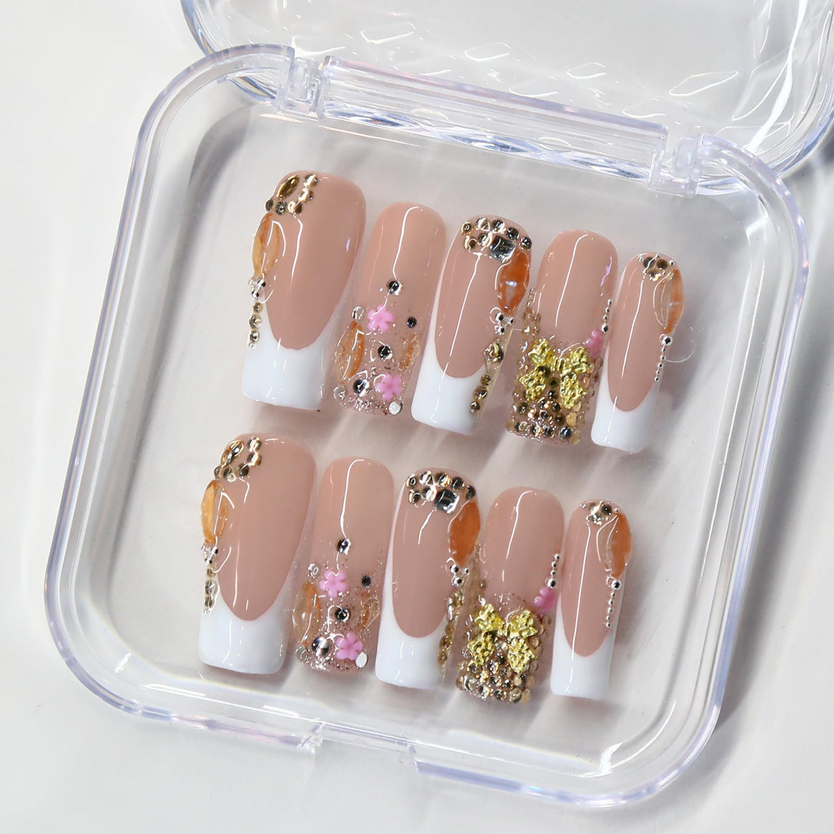 Press on Nails, Handmade Medium Almond Fake Nails, 3D Art False Fingernails with Design Full Cover Fake Nail, Glossy Acrylic Stick on Nails Artificial Nails for Women Manicure 10 Pcs (L)