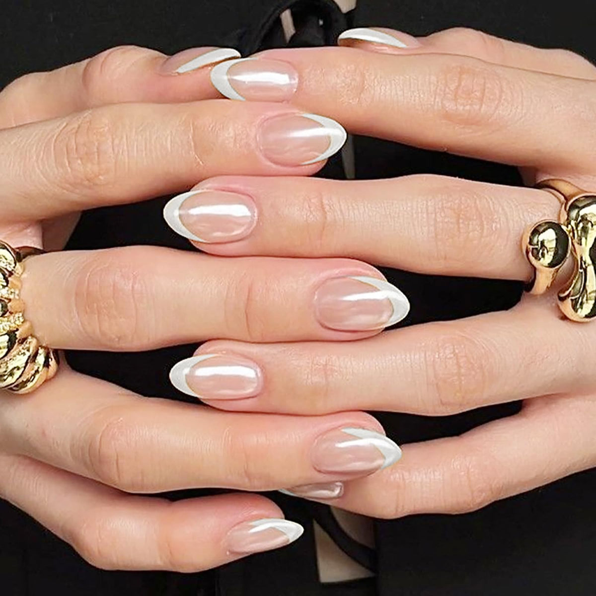 Summer Press on Nails Almond Pink Floral Shell Pearl Gold Dot Fake Women