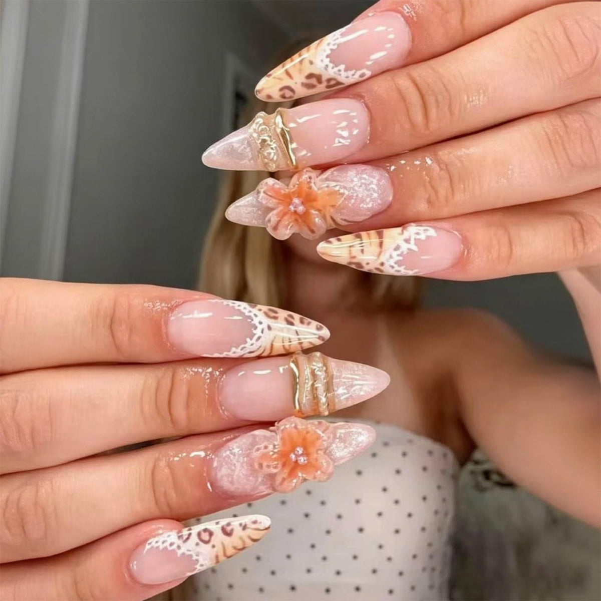 Almond Press on Nails Medium Fake Nails with 5D Metal Lines Charm Design Glossy Pink Nails Press on Curve Glue on Nails Reusable Luxury Silver Beads Acrylic Nail for Women 24Pcs