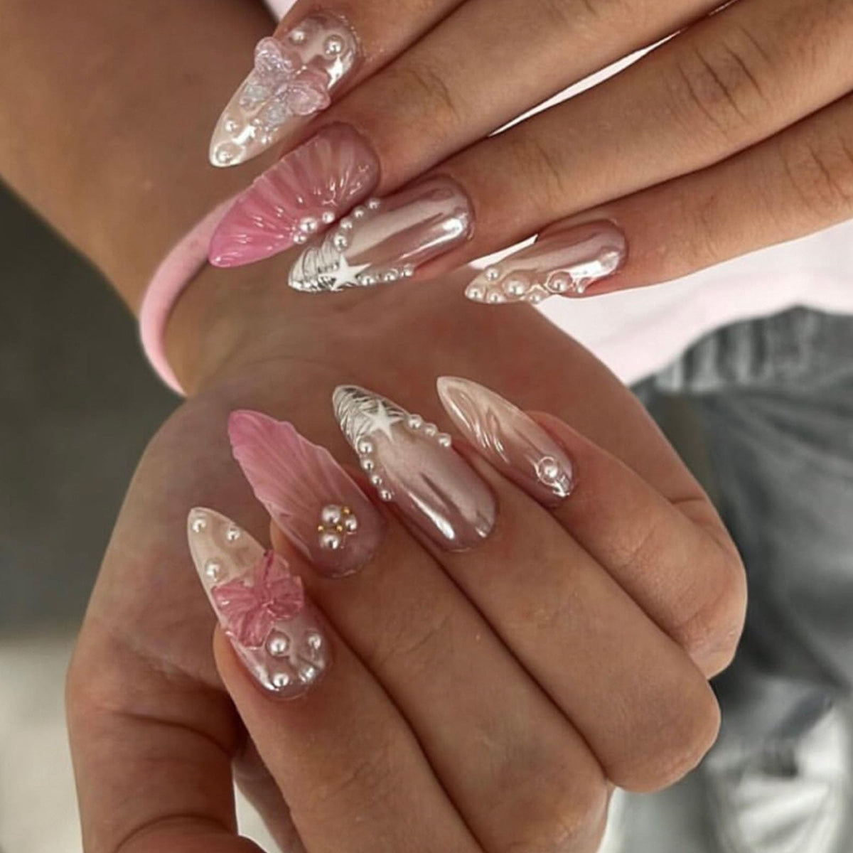 White French Tip Press on Nails Almond Medium Fake Nails with Silver Glitter Designs Nails Press ons Nude Glue on Nails Glossy Acrylic Nails Simple Stick on Nails for Women 24Pcs
