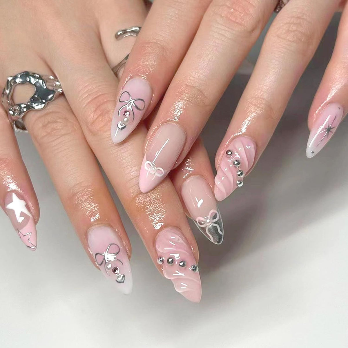 24Pcs French Tip Press on Nails Gloss Short Almond Fake Nails Bow Designs White French Nails Pearl Press ons Cute False Nails Artificial Rhinestones Stick on Nails Acrylic Nails for Women Nail Decor