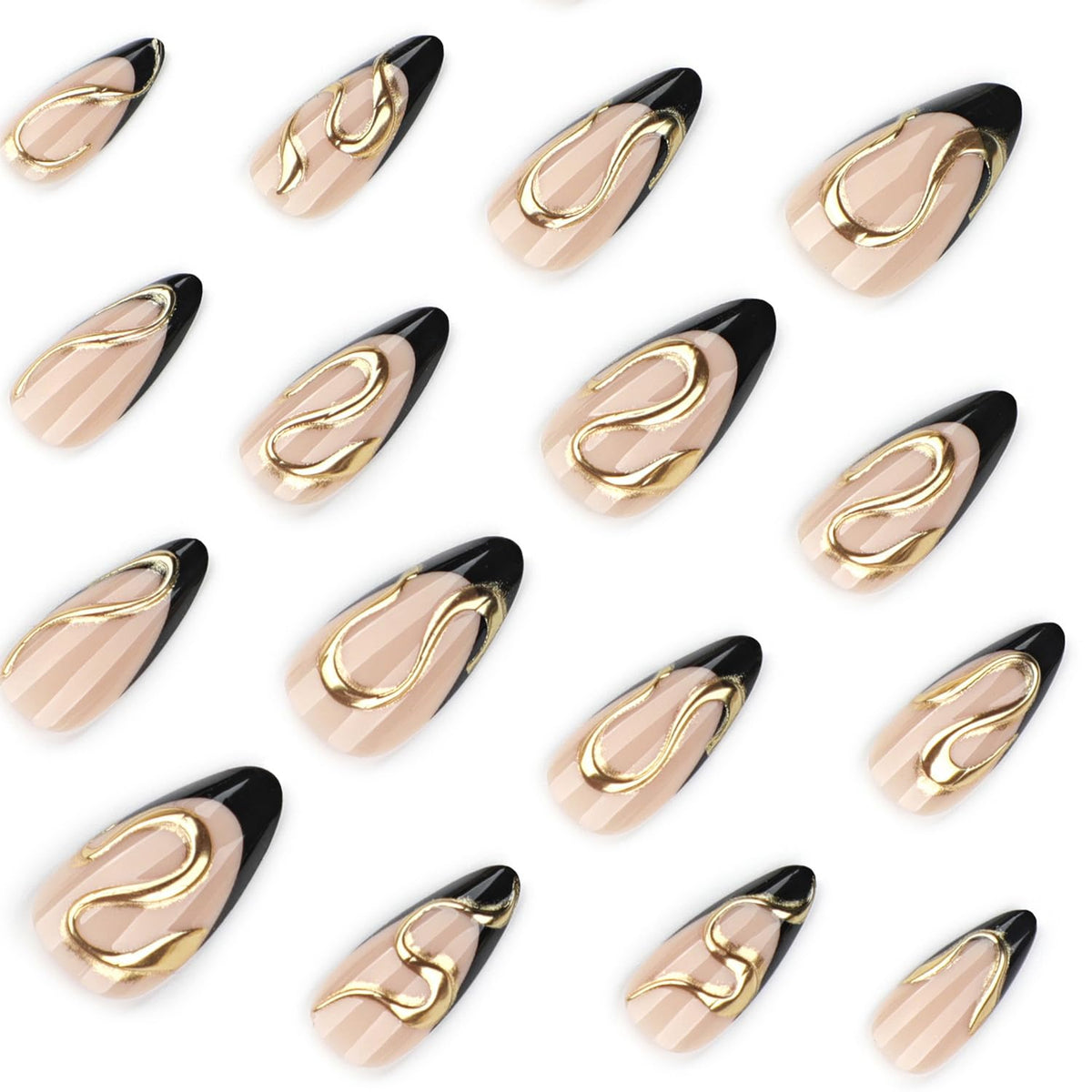 Black French Tip Press On Nails Almond Stiletto, Nude Glossy Fake Nails