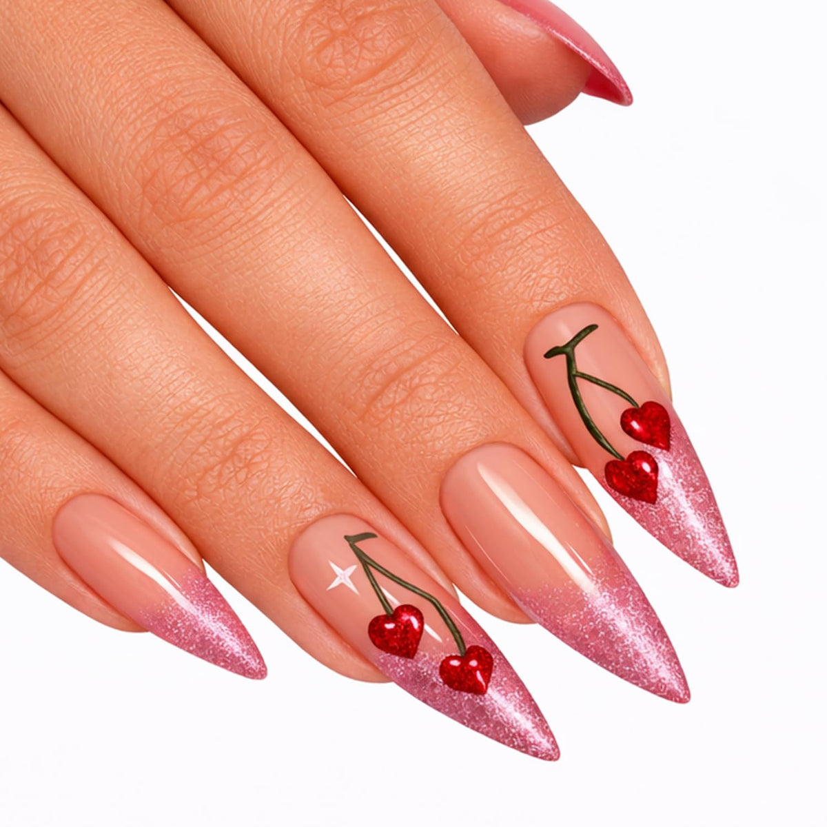 Almond Press on Nails Pink Glitter Bridal Designs Medium Fake Nails with 3D Bow Rhinestones Accent Glossy Wedding Manicure for Bride Bridesmaid Women 24 Pcs