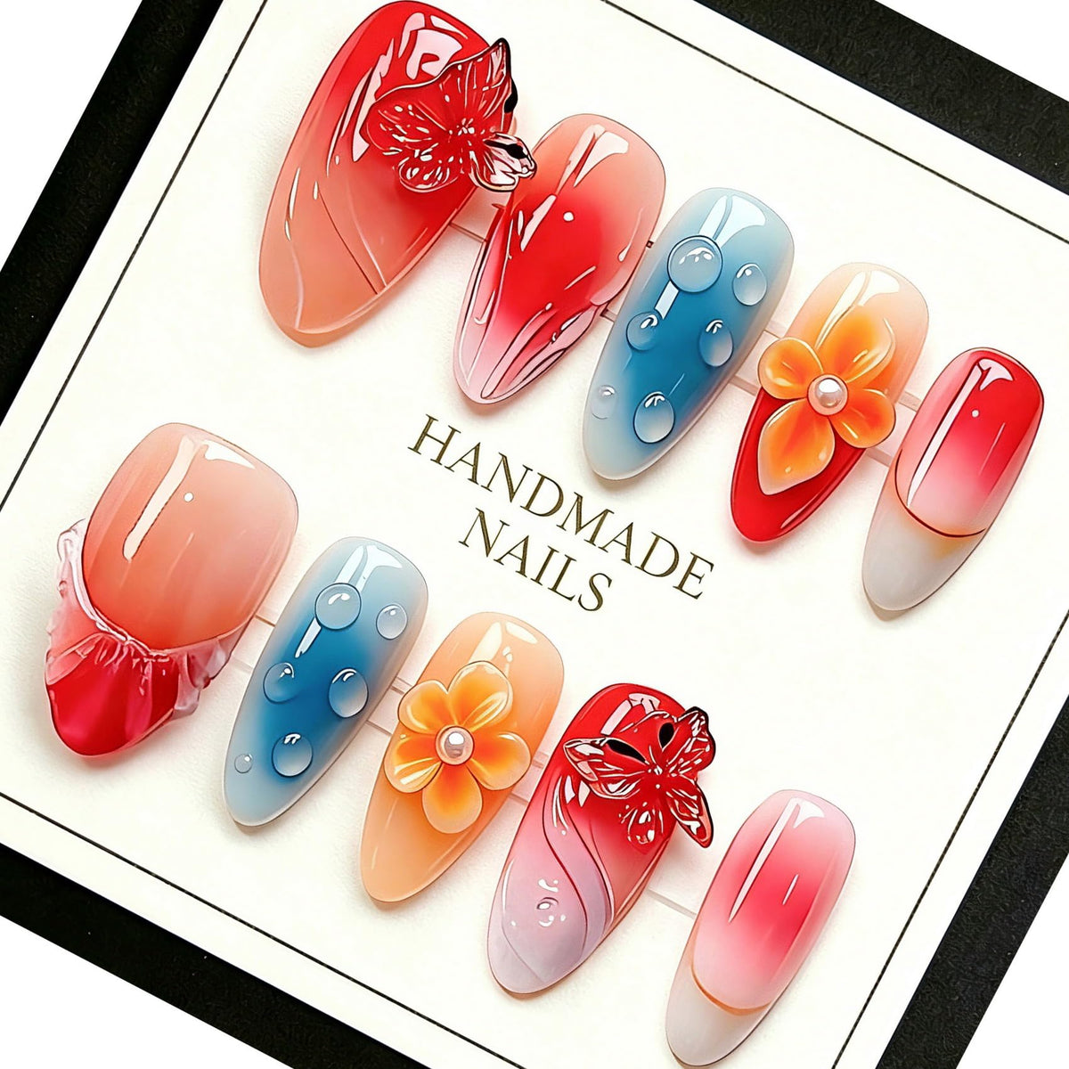 Handmade Almond Press on Nails, Abstract 3D Floral Gold, 10Pcs