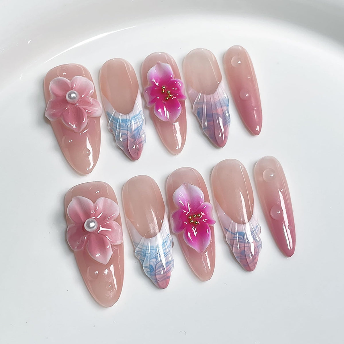 Luxury Handmade Press On Nails, Vintage Bohemian Style, Long Stiletto Shape, Crystal Heart Gems, Gold Stars Design, 10 Pieces (Large, LS)