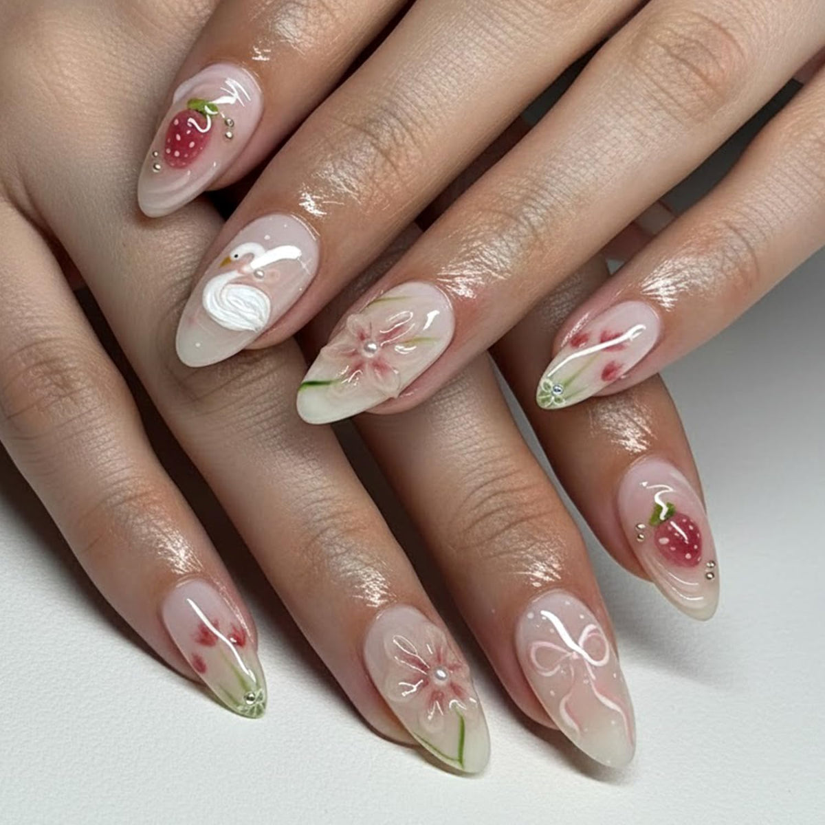 Almond Press on Nails Pink Glitter Bridal Designs Medium Fake Nails with 3D Bow Rhinestones Accent Glossy Wedding Manicure for Bride Bridesmaid Women 24 Pcs