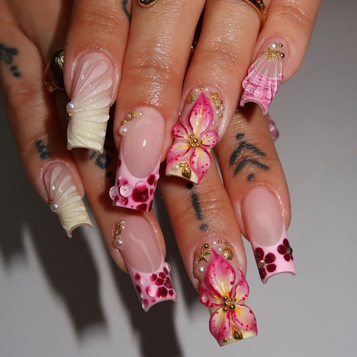 24Pcs White French Tip Press on Nails Medium Almond Fake Nails with Silver Rhinestones with Nude Pink Full Cover Glue on Nails French Designs 3D Flower False Nails Cute Spring Stick on Nails for Women