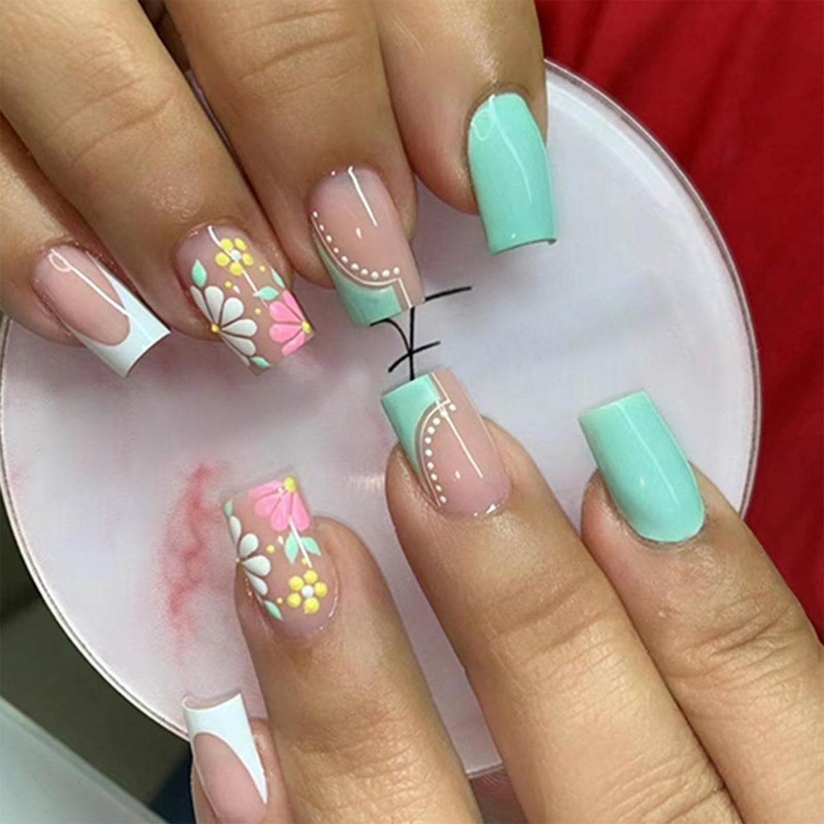 Green Press on Nails Medium Almond Fake Nails with 3D Pearl Rhinestones Designs Gold French Tips Flower Acrylic Nails False Nails White Floral Full Cover Glossy Stick on Nails for Women 24Pcs