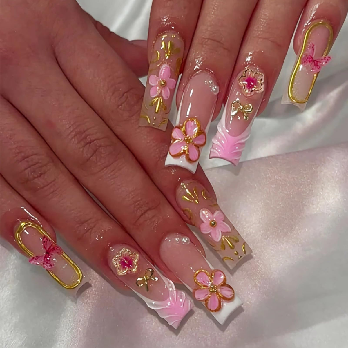 BABALAL Press On Nails Long Square Fake Nails Nude Pink White French Tip Lace Pearl Rhinestone Glossy Bridal Wedding Glue On Nails 24Pcs
