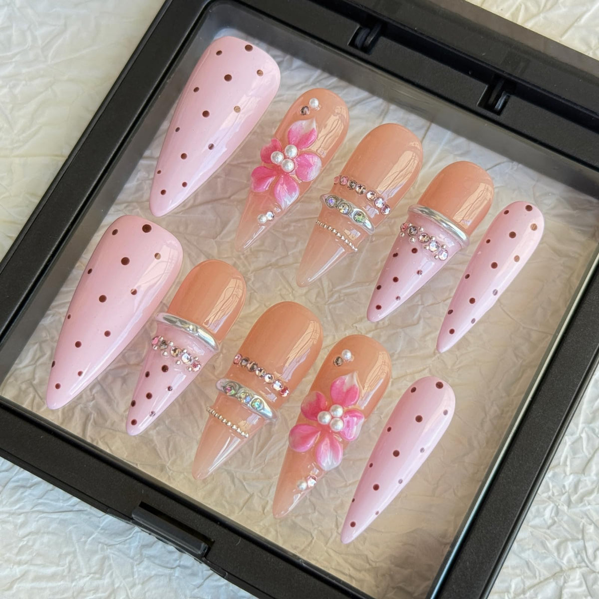 Long Stiletto Press On Nails, Handmade Nude White French False Nails with Gold Rhinestone Decor, Reusable Salon Grade Fake Nails Easy to Wear, 10Pcs M Size for Women