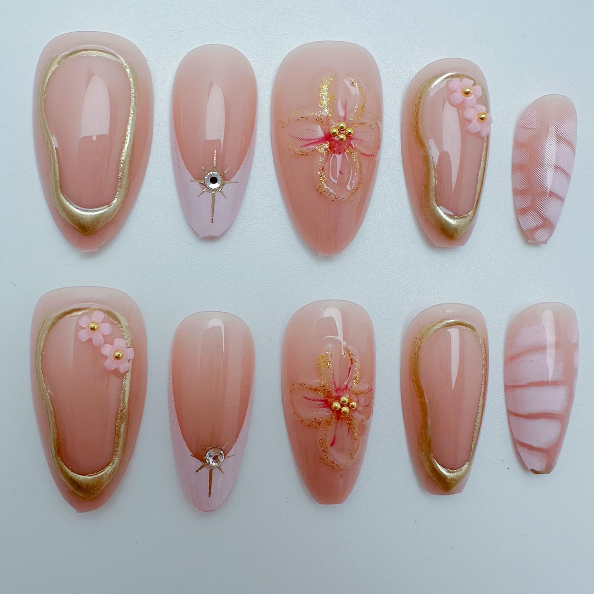 Green Press on Nails Medium Almond Fake Nails with 3D Pearl Rhinestones Designs Gold French Tips Flower Acrylic Nails False Nails White Floral Full Cover Glossy Stick on Nails for Women 24Pcs
