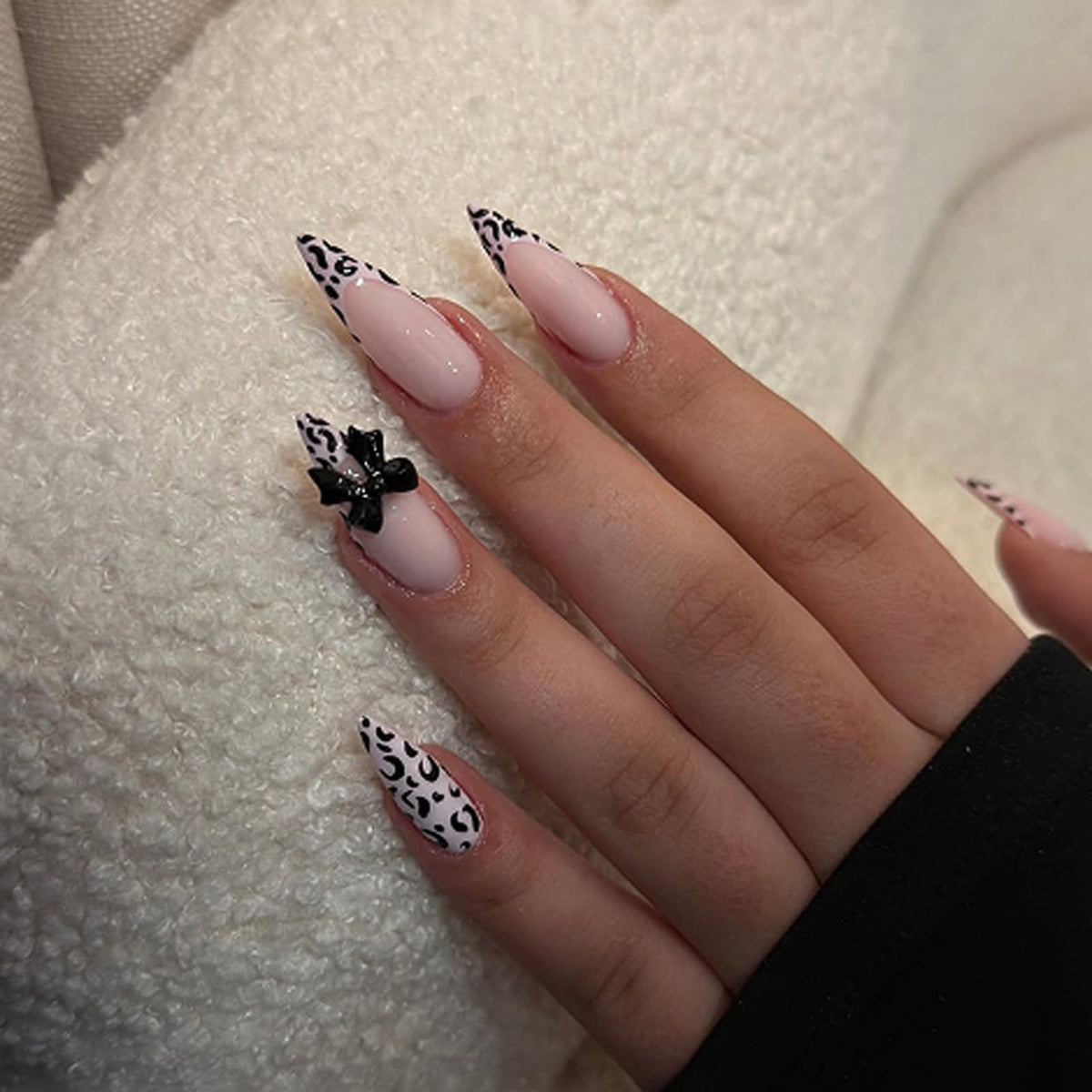 Rhinestone Press on Nails White French Tip Fake Nails with 3D Bow Design Glossy Full Cover Stick on Nail Sparkly Luxury Long Stiletto Nail Press ons for Women, 24Pcs