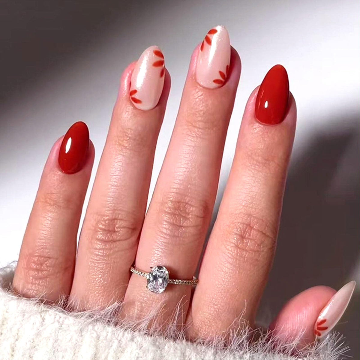 Short Press On Almond Fake Nails - Flower Acrylic Fall Nails Press Ons Full Cover Glue On Cute False Floral Stick On Nails for Women - 30 Pcs
