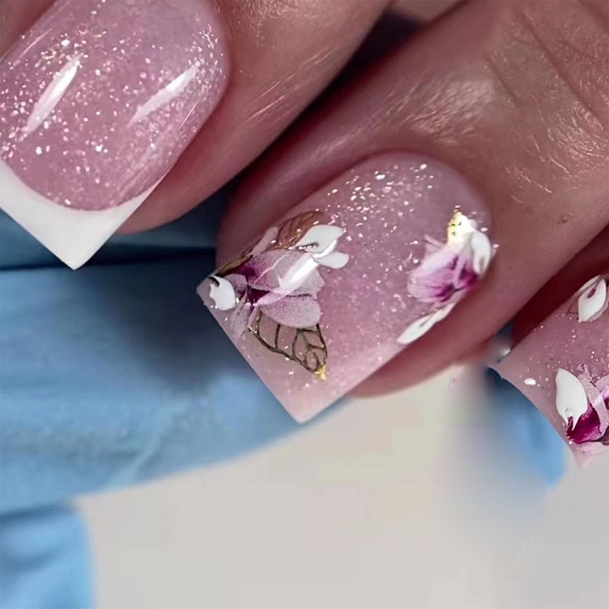 Medium Press on Nails Square White French Tip False Nails with Glitter Design Cute Fake Nails Light Pink Full Cover Nails Press ons Glossy Glue on Nails for Girls and Women 24Pcs