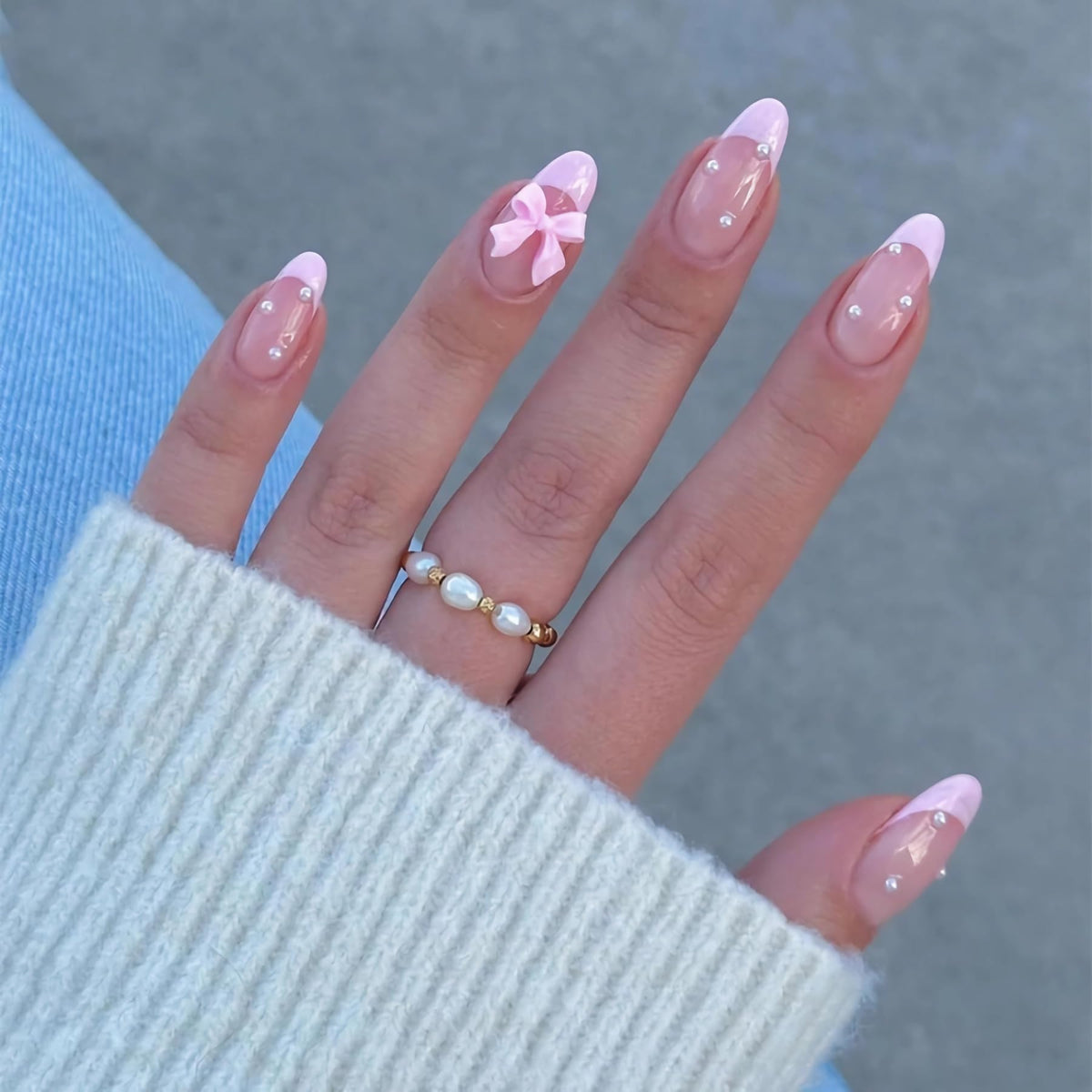BABALAL Bridal Lace Press On Nails, Medium Almond Fake Nails with 3D White Floral & Pearl, Nude Ombre Acrylic Stick On Nails for Women 24Pcs