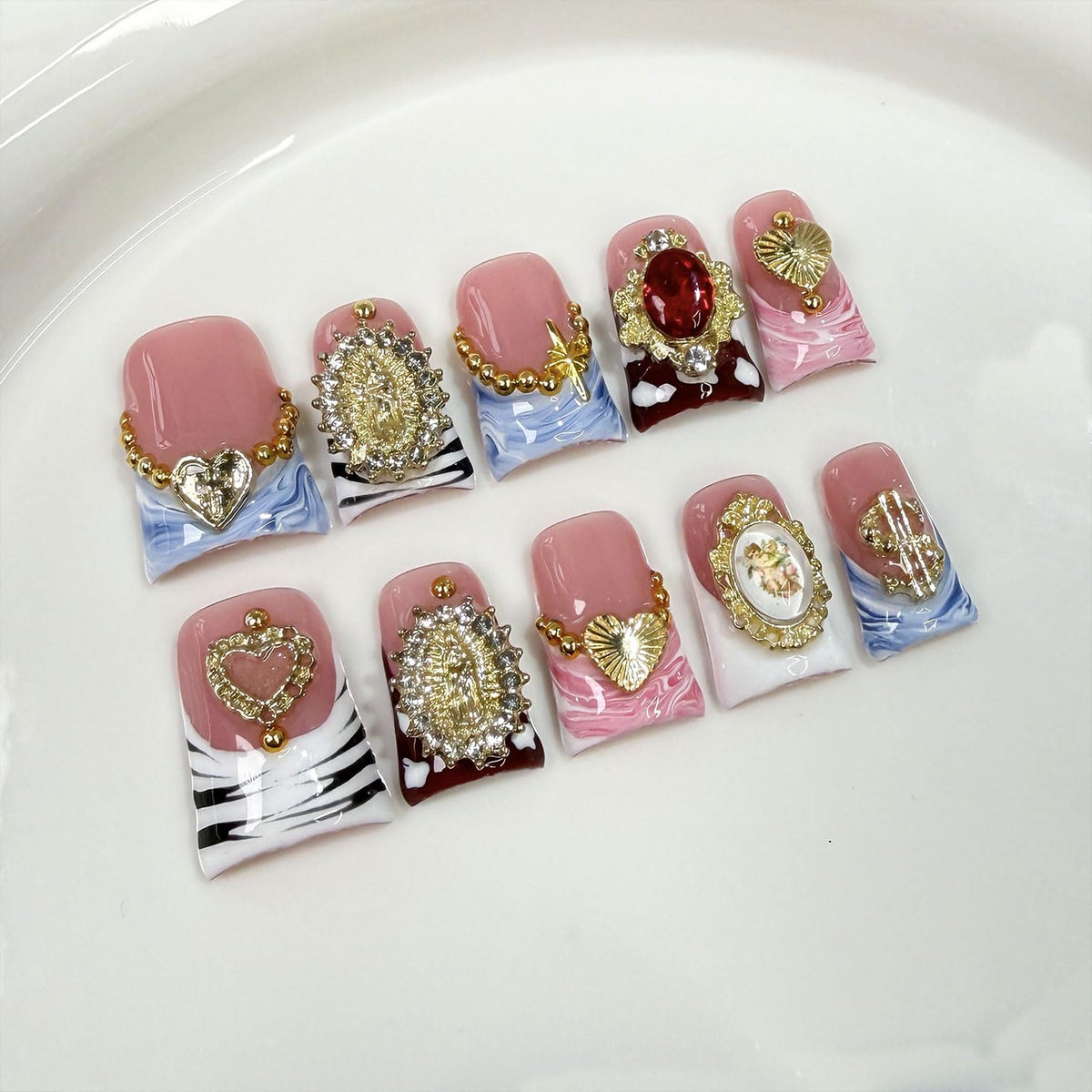 RIICFDD Medium Duck Press on Nails Rhinestone French Handmade Nails(S)