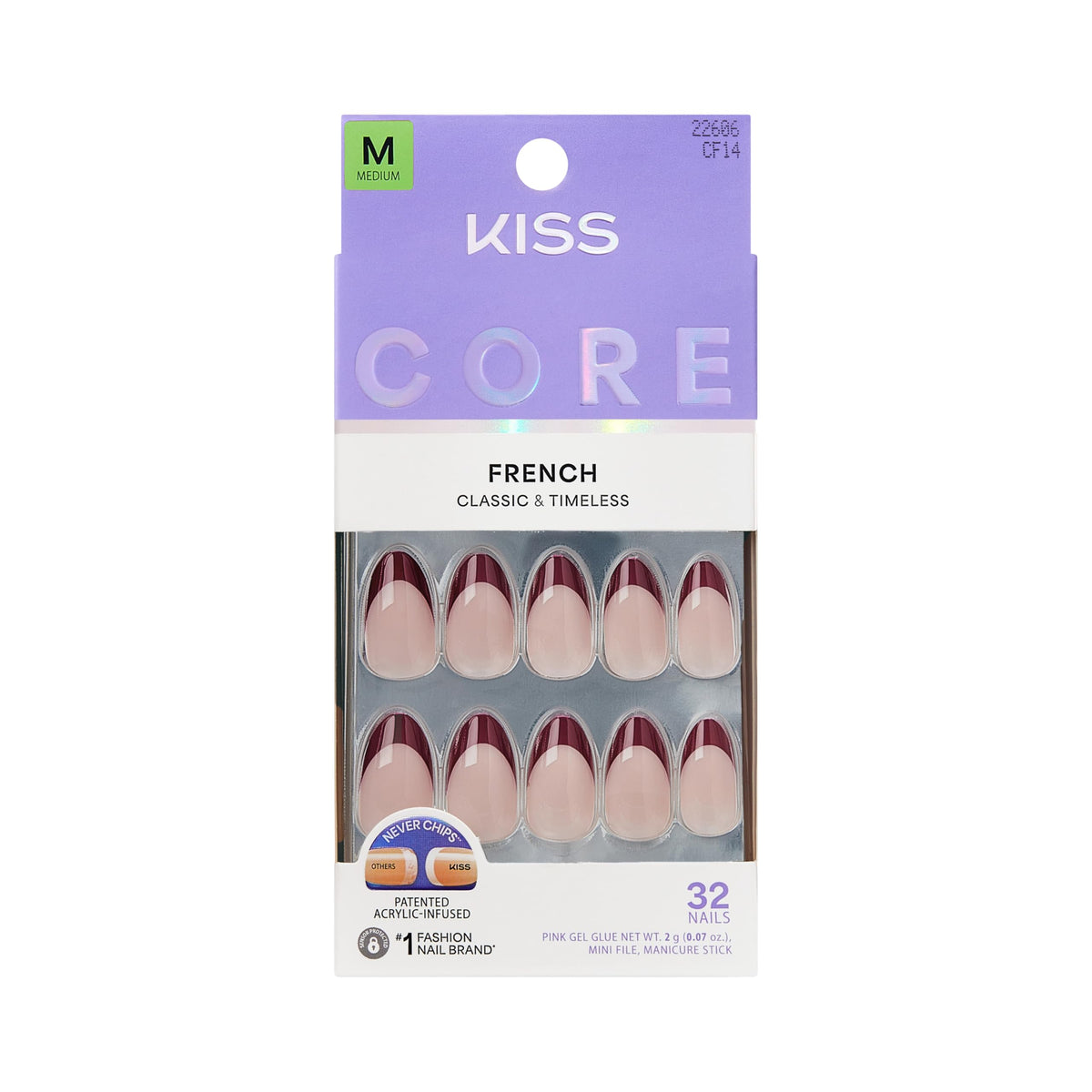Kiss Core, Press On Nails, Nail glue included, 'Curiosity', White, Medium Size, Almond Shape, Includes 32 Nails, 2g Glue, 1 Manicure Stick, 1 Mini File