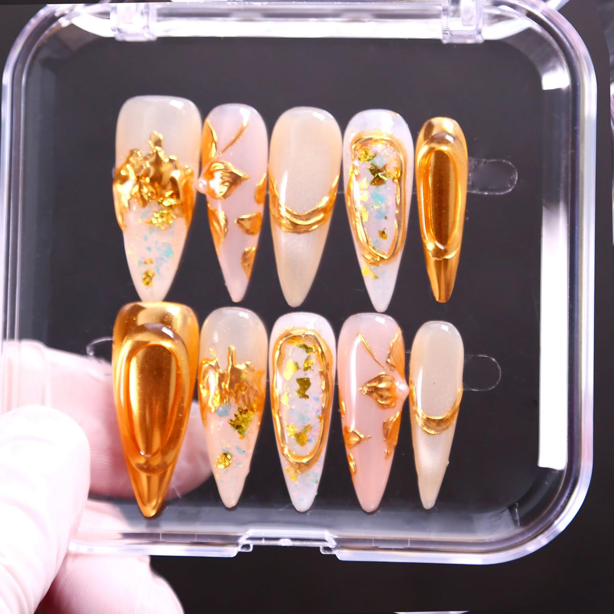Press on Nails, Handmade Medium Almond Fake Nails, 3D Art False Fingernails with Design Full Cover Fake Nail, Glossy Acrylic Stick on Nails Artificial Nails for Women Manicure 10 Pcs (L)