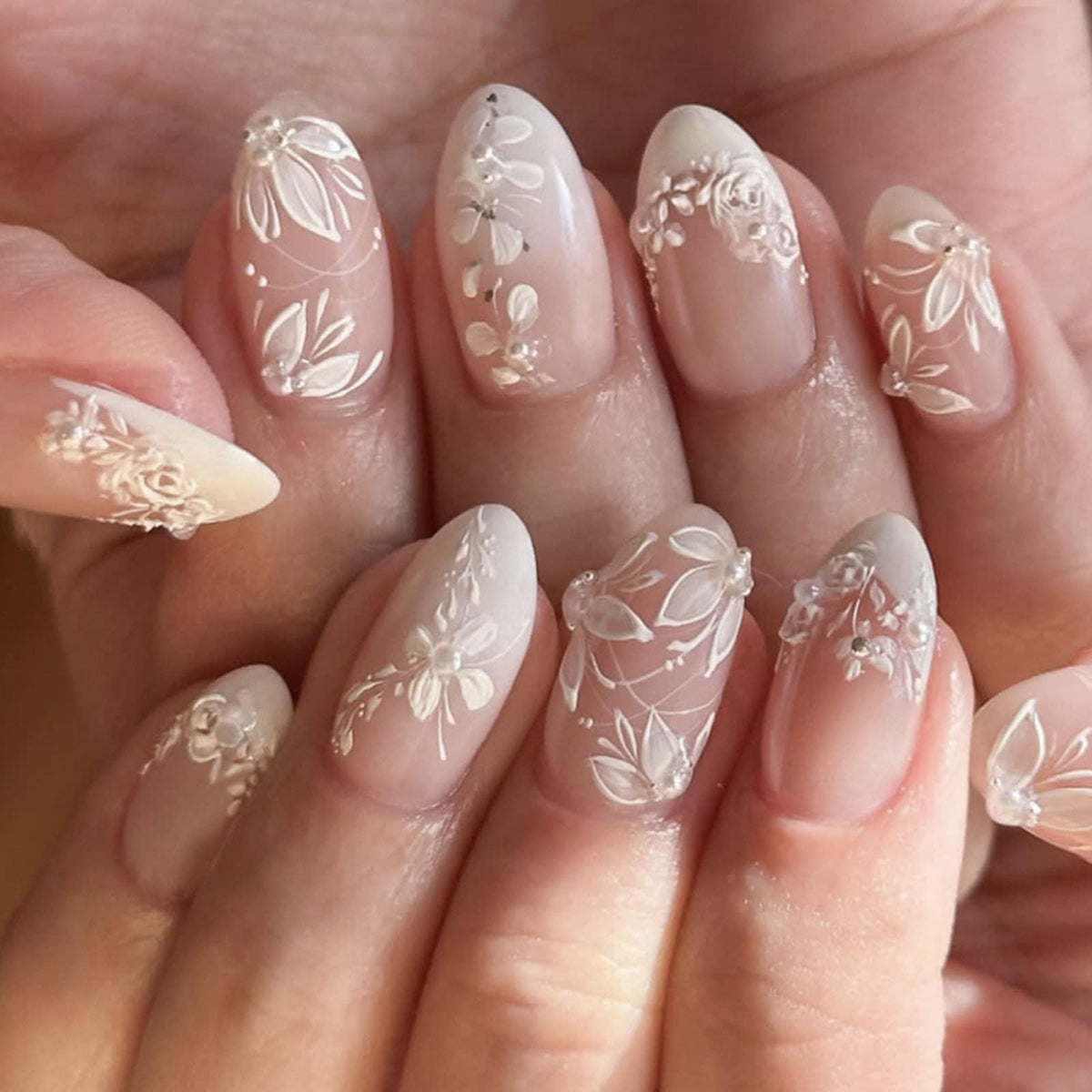 White French Tip Press on Nails Almond Medium Fake Nails with Silver Glitter Designs Nails Press ons Nude Glue on Nails Glossy Acrylic Nails Simple Stick on Nails for Women 24Pcs