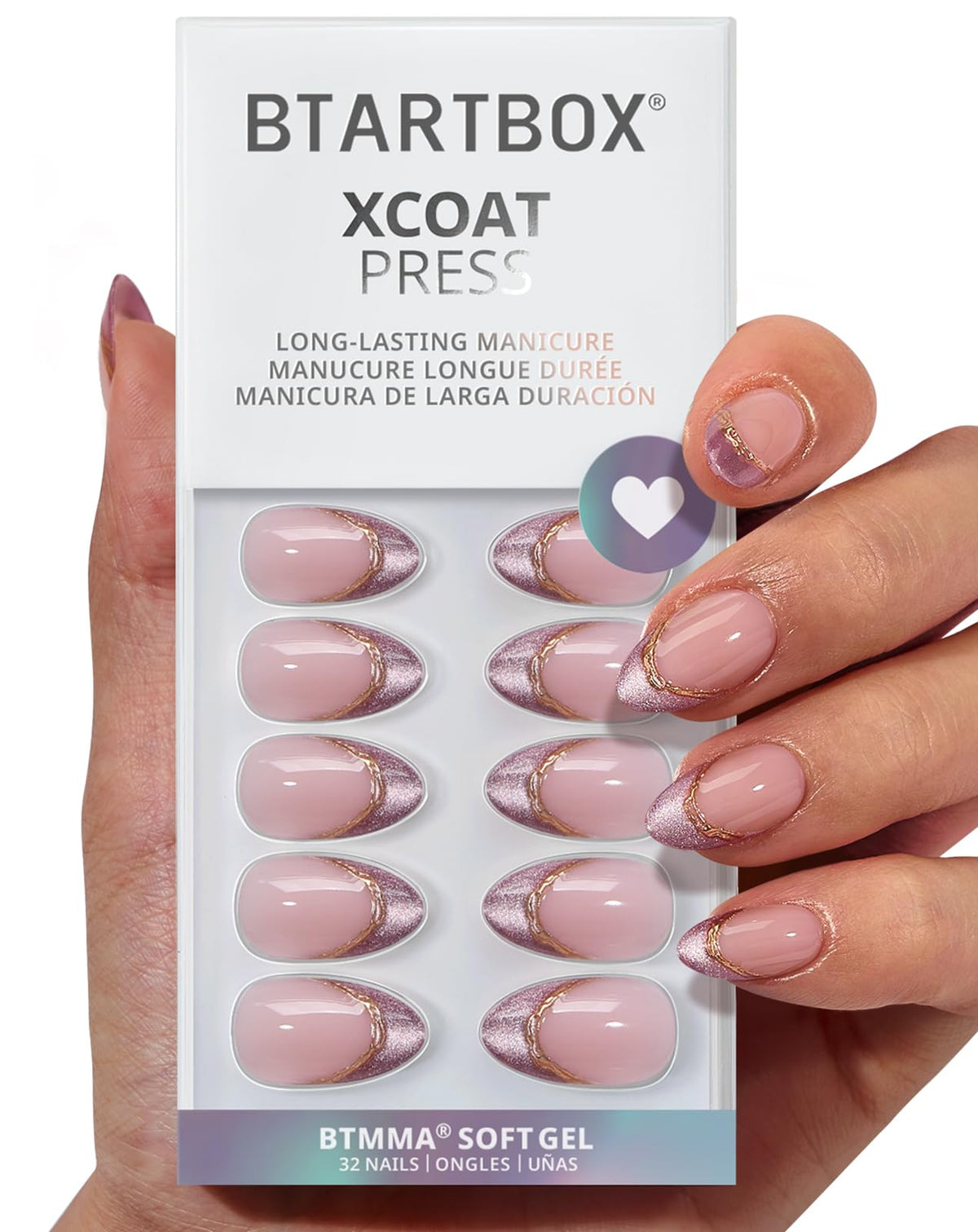 BTArtbox Press On Nails, French Tip Short Square Nails, 32 Pcs Full Kit