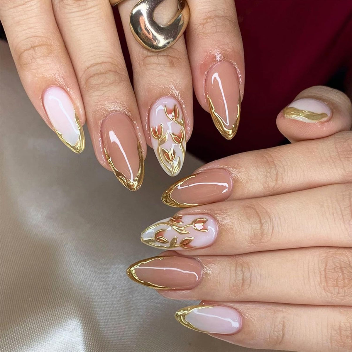 24pcs White French Tip Press on Nails Medium Almond Fake Nails with 3D Bow Acrylic Nails Design Gold Line Stick on Nails French False Nails Kit Full Cover Glue on Nails for Women Nail Decoration