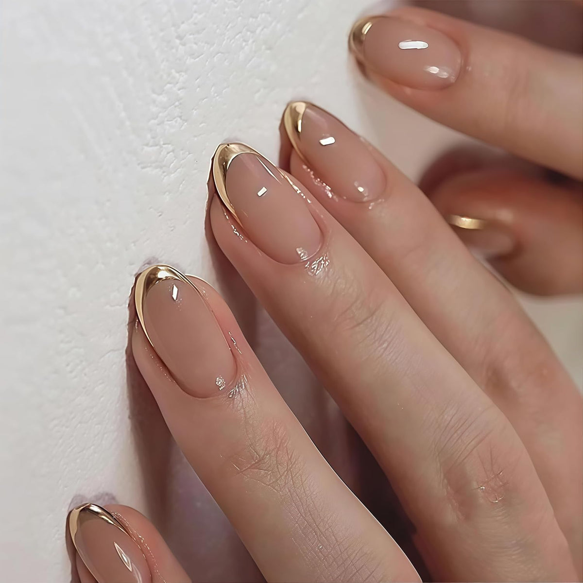 Glossy Nude Gold French Tip Press On Nails Short Almond, 30 PCS