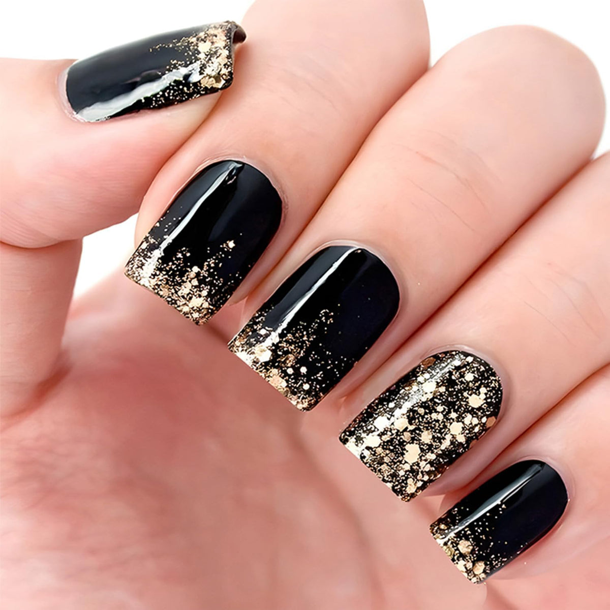 Glossy Nude Gold French Tip Press On Nails Short Almond, 30 PCS