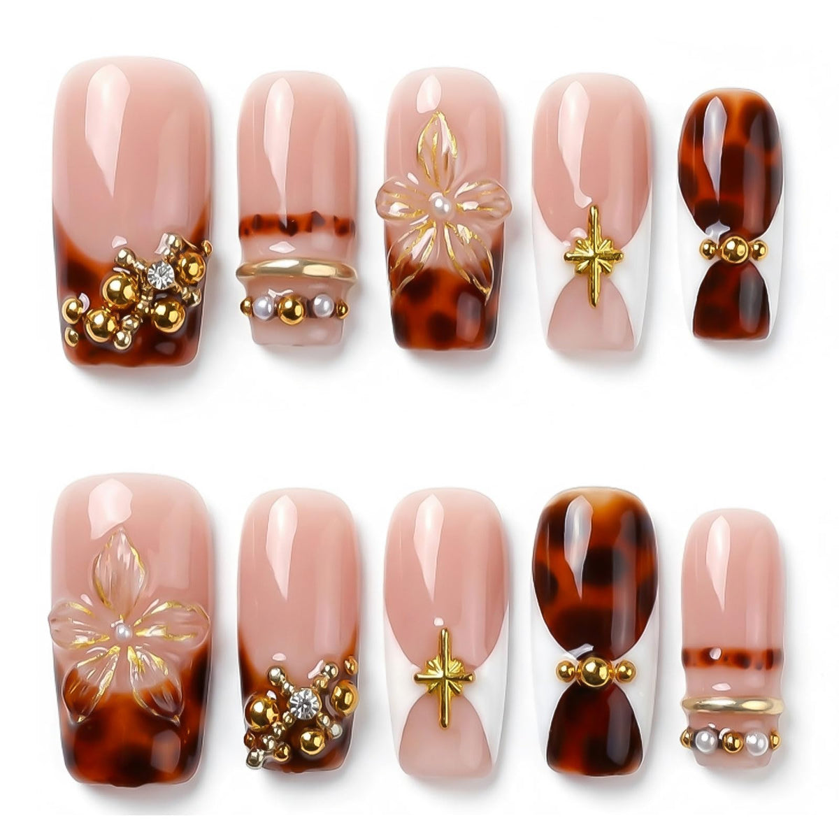 Long Square Handmade Press on Nails - White French Tip Acrylic Fake Nails with Crystals Gems, Elegant Bridal Reusable False Nails for Wedding Manicure 10 Pack (Size M)