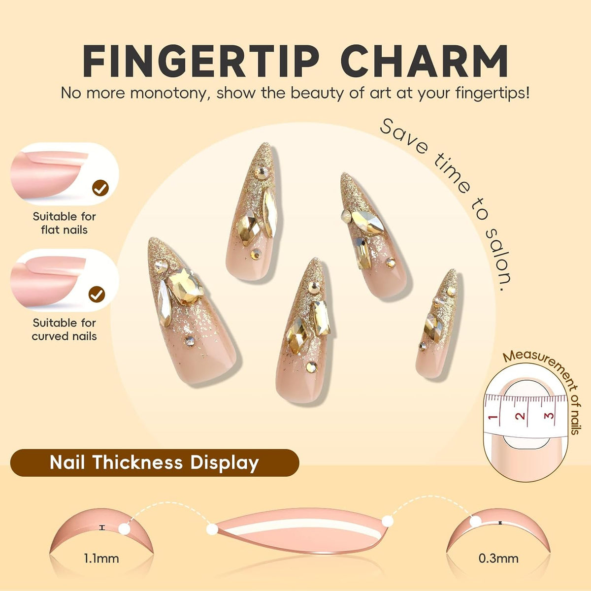 HOSAILY Long Almond Gold Glitter Press On Nails - Luxury French Shimmer Diamond Design, Holiday Party & Wedding False Nail, 24PCS Full Cover Gel Nail for Women- Autumn to New Year’s Elegance
