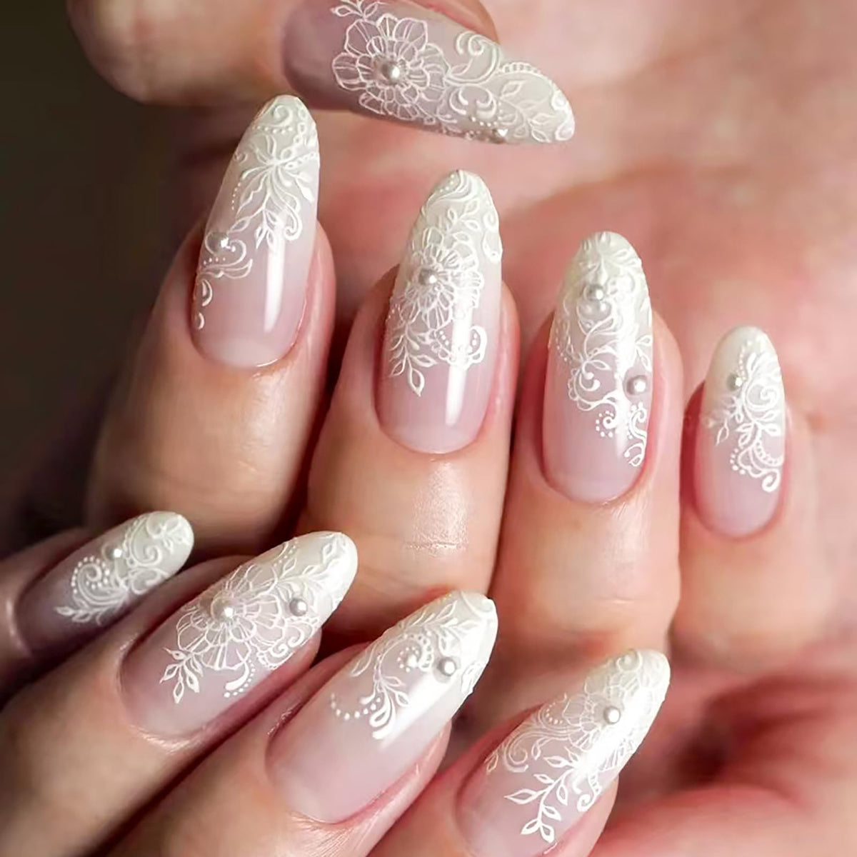 Almond Press on Nails Medium, Handmade White French Tip 3D Nude Fake Nails with Pearl Flower Leaf, Reusable Acrylic Stick On Nails for Women Wedding Bridal Party 24Pcs