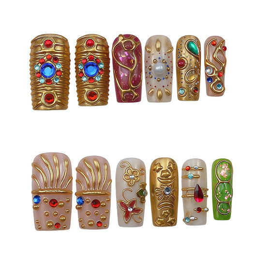 Medium Almond Press on Nails - 3D Gemstone & Gold Embossed Art, 24Pcs Reusable Fake Nails with Multi-layered gel polish finish, Salon level Fake Nails for Weddings, Parties, Special Events (ZF308)