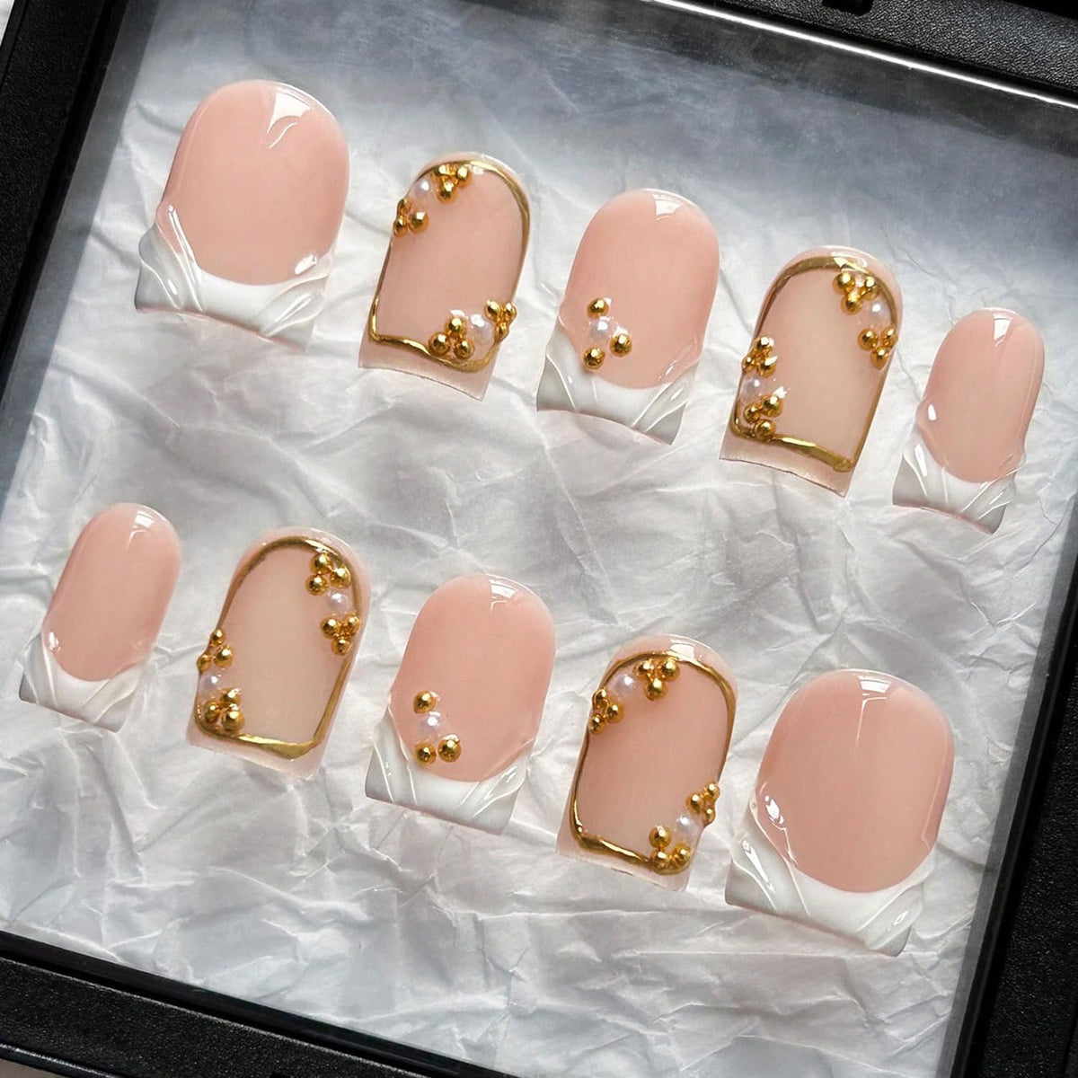 Handmade Press On Nails Short Square Nude 10PCS French Tip Fake Nails with 3D Gold Pearl Charms, Hand Painted Luxury Reusable Stick On Nails for Wedding Bridal Prom(M)