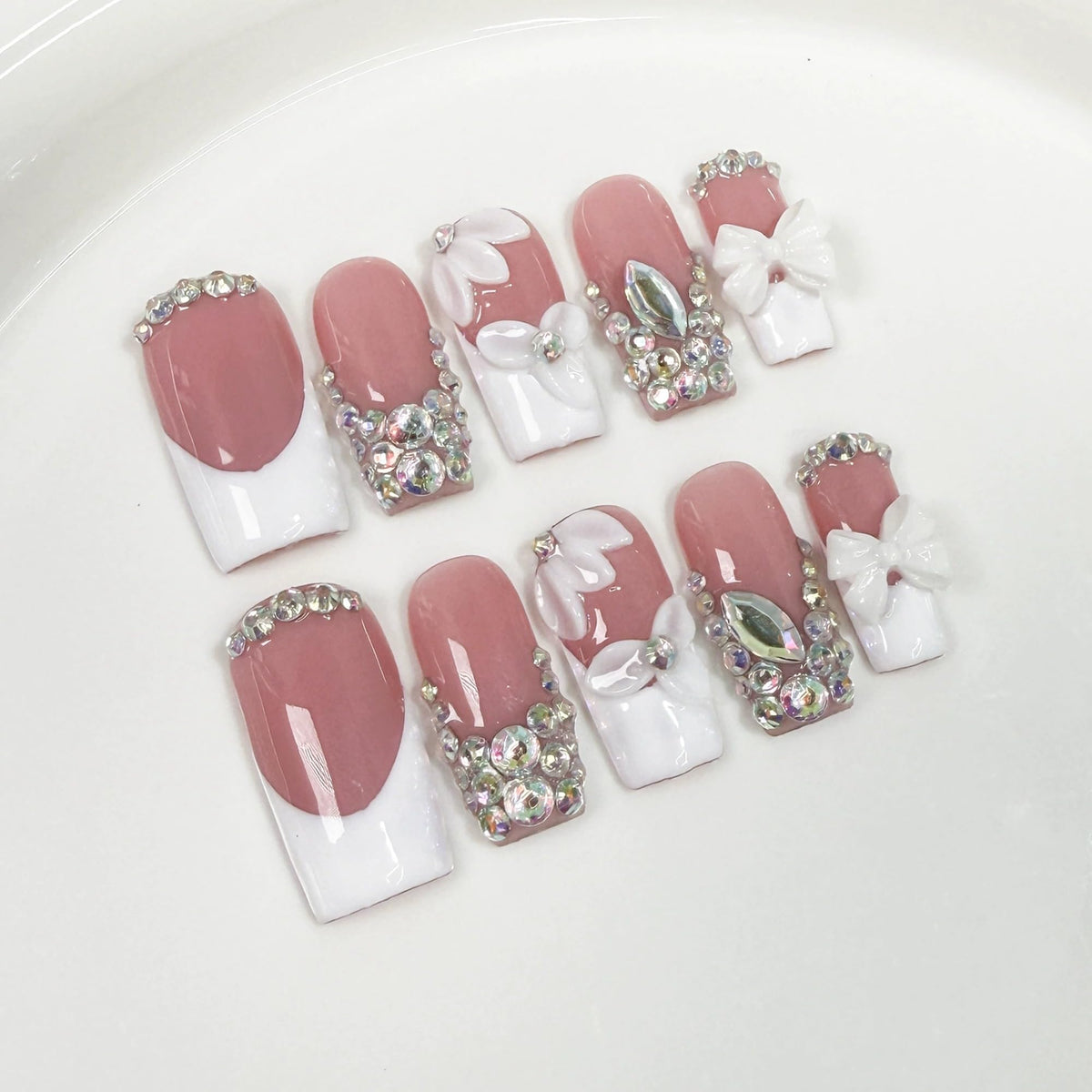 Luxury Handmade Press on Nails Medium Square Fake Nails Blue French False Nails with Ombre 3D Flower Art Design Acrylic Nails Handmade Stick on Nail for Women Manicure 10Pcs (Size M)