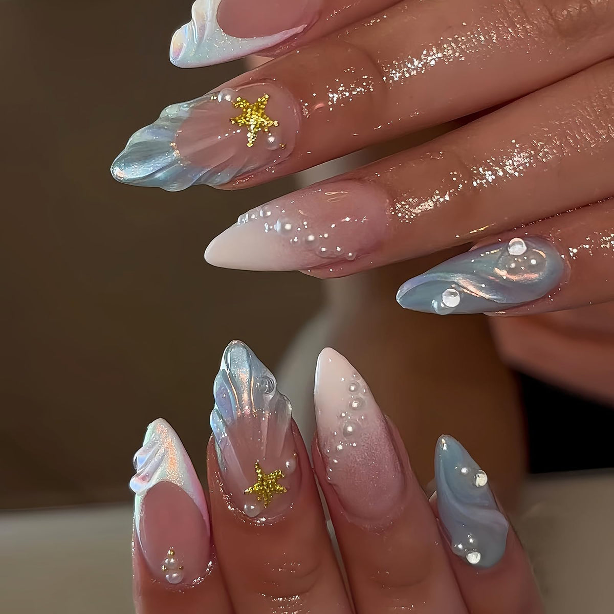 3D White Flower Press on Nails Medium Fakes Nails Almond Shape False Nails with Bling Rhinestones Designs, Glossy Reusable Elegant Acrylic Nails with Glue-24Pcs Nail Kit for Women Wedding Party