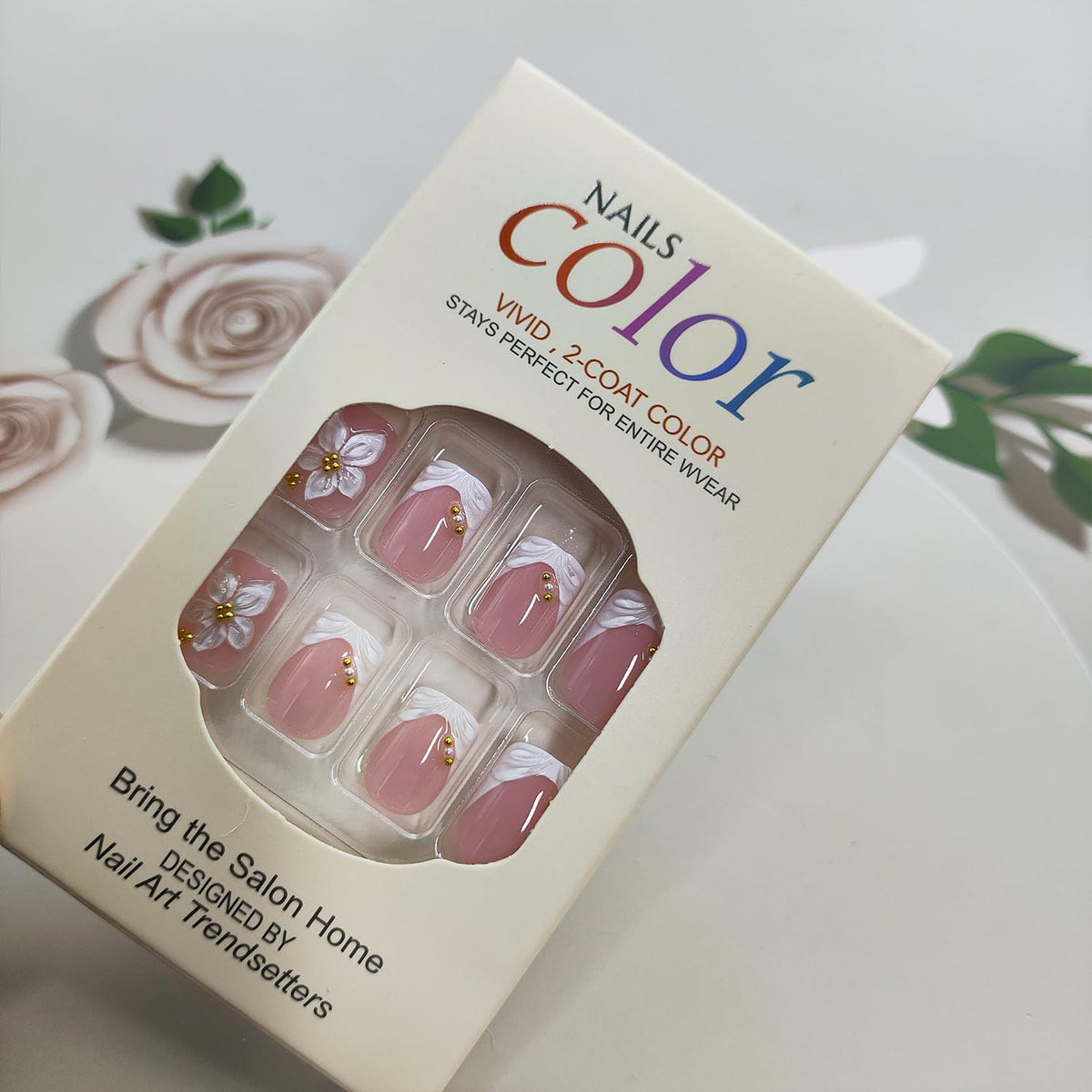 Short Square Press on Nails Flower White French Tip Fake Nails with 3D Floral Gold Bead Designs Glossy Reusable Full Cover Stick on False Nail Set for Women 24 Pcs