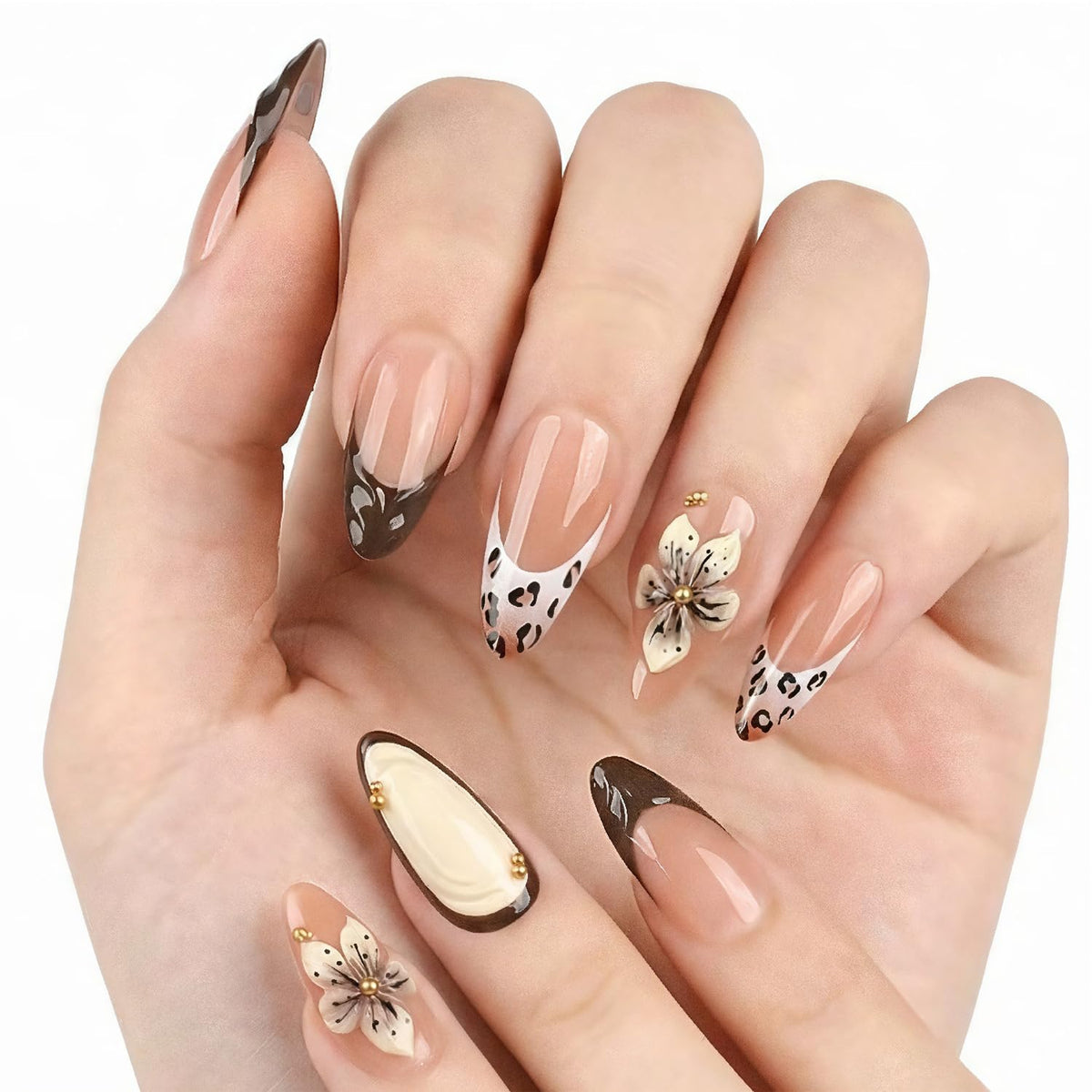 Glossy Nude Gold French Tip Press On Nails Short Almond, 30 PCS