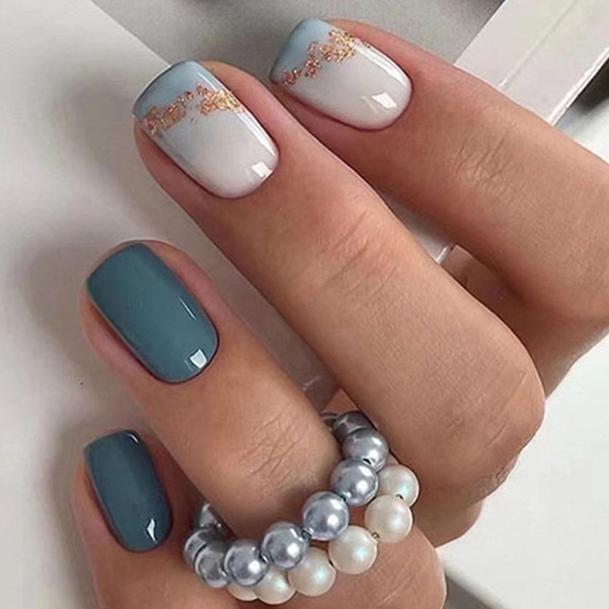 Short Press on Nails Square Nude Ombre Fake Nails Press ons White Glue Stick on Nails with Designs Full Cover Acrylic Glossy Artificial Cute False Nail for Women Girls 24 Pcs