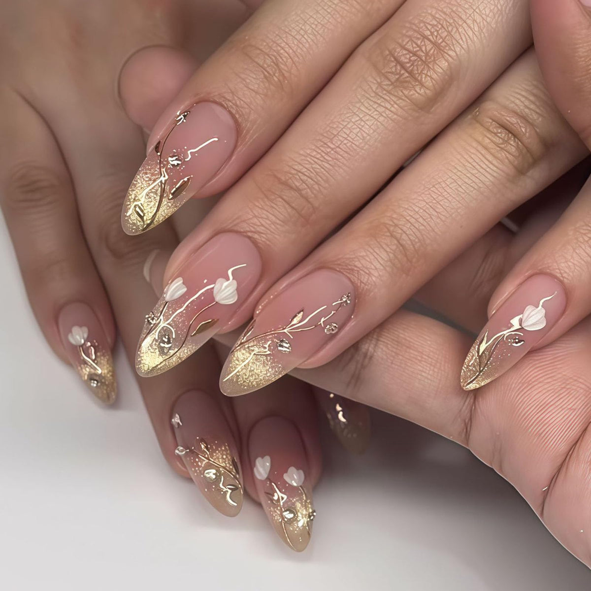 French Tip Press on Nails Almond Medium Fake Nails with Chrome Glitter Designs Nails Press ons Pink Gold Glue on Nails Natural False Nails Glossy Artificial Nails Simple Stick on Nails for Women 24Pcs