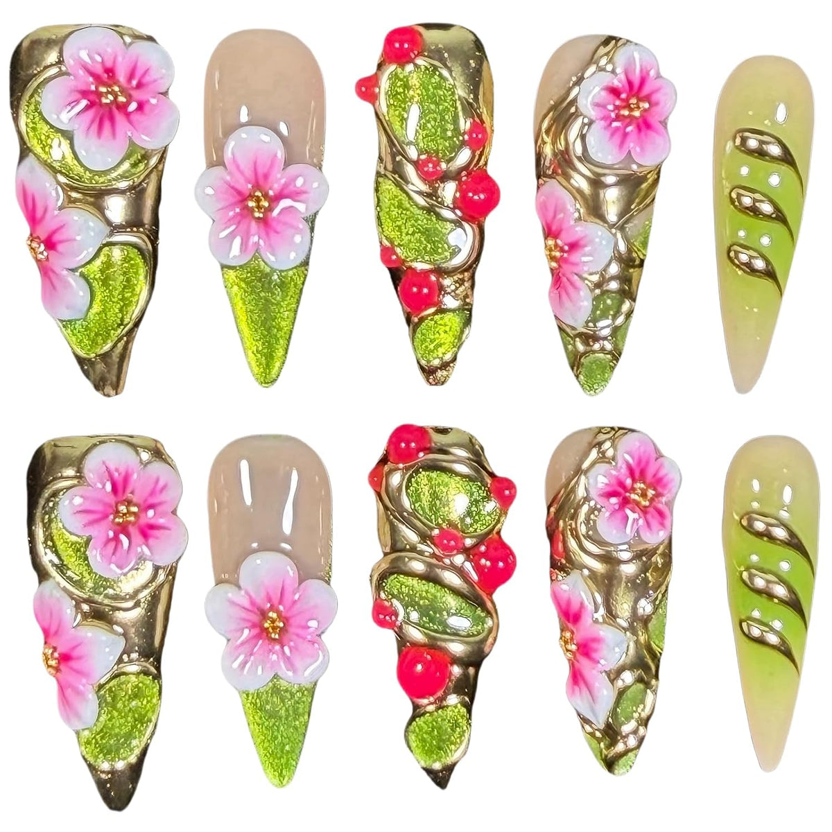 Handmade Luxury Floral Press On Nails Elven Forest (M)