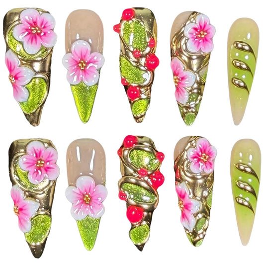 Handmade Luxury Floral Press On Nails Elven Forest (M)